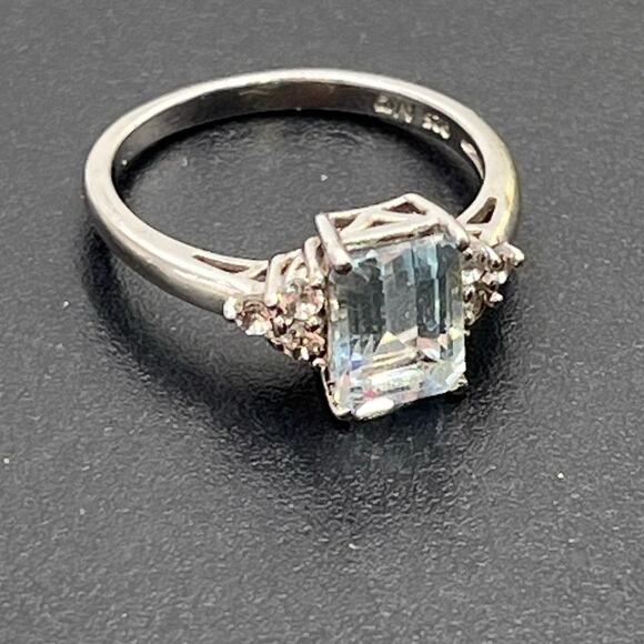 Alwand Vahan Sterling Silver Emerald Cut Aquamarine and CZ Wedding RIng Sz 7.25